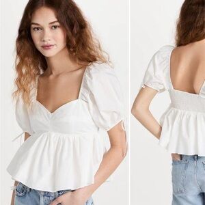 English Factory Tied Strap Puff Sleeve Woven Top